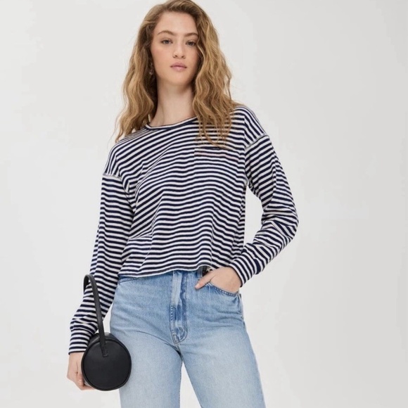 MOTHER Women's The Dugout Scoop Pocket Tee Fluff and Blue/School Daze Size M - Picture 1 of 13